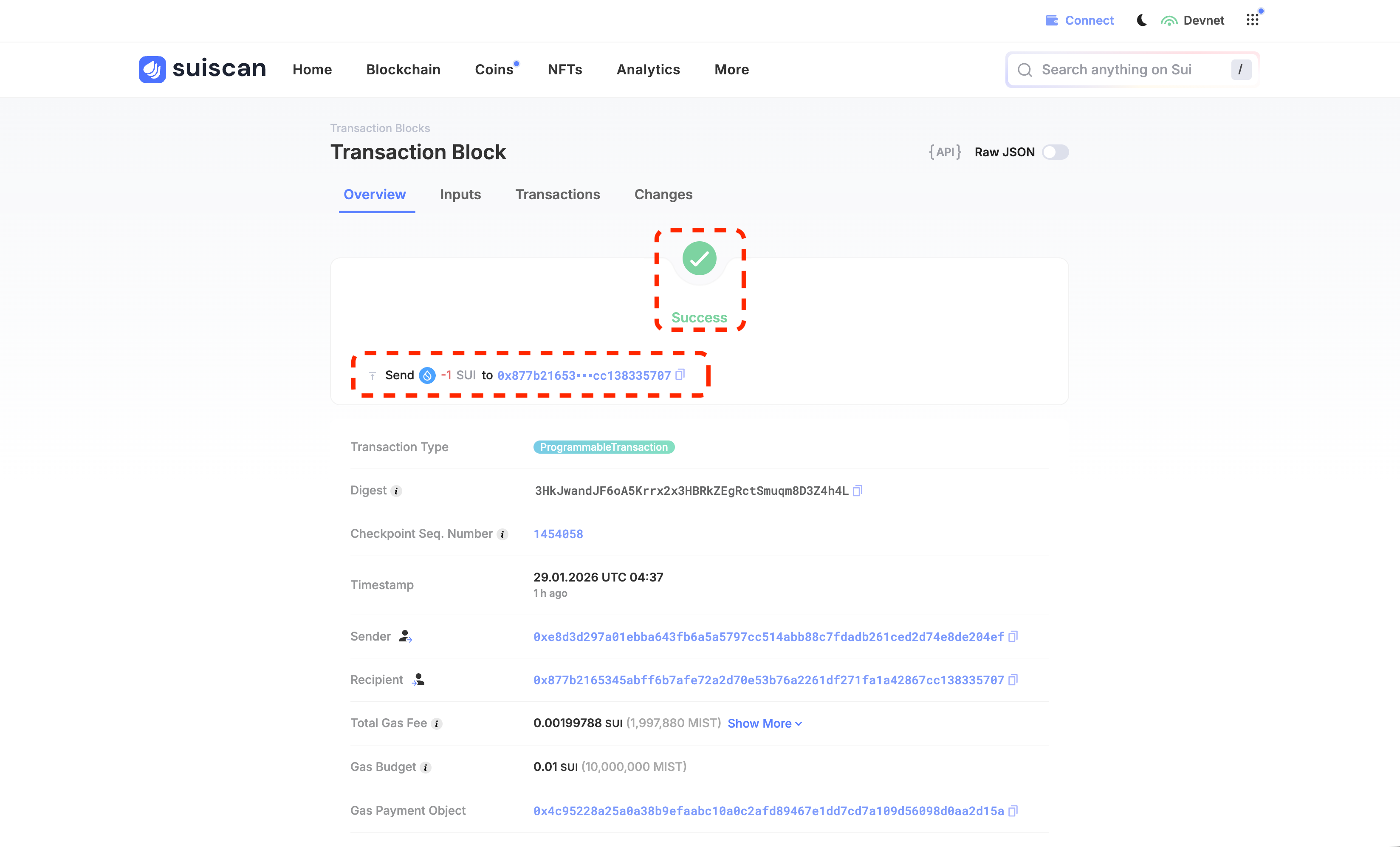 Transaction confirmation on Suiscan