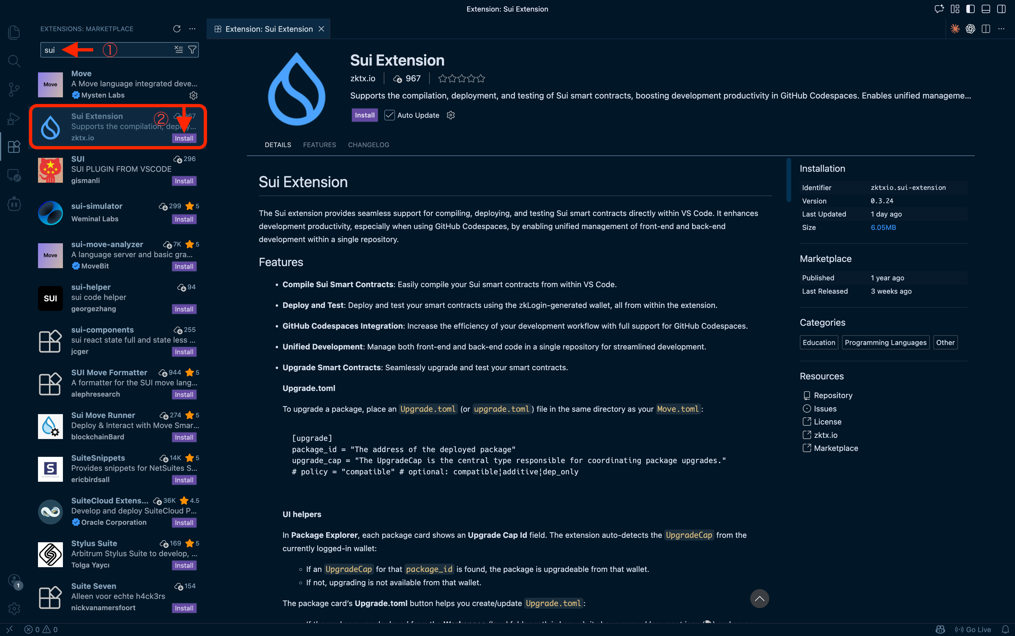 Sui Extension search